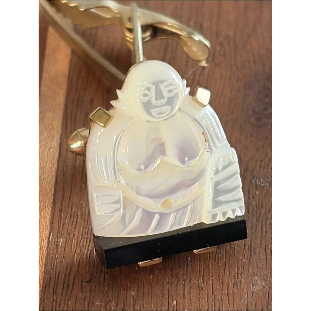 Vintage Swank Mother of Pearl /Onyx laughing Buddha cufflinks and tie tack set.